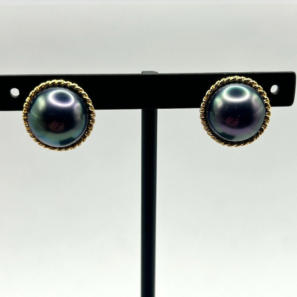 Majorica Euro-Clip Stud Earrings Purple Faux Pearl Round Gold Tone
